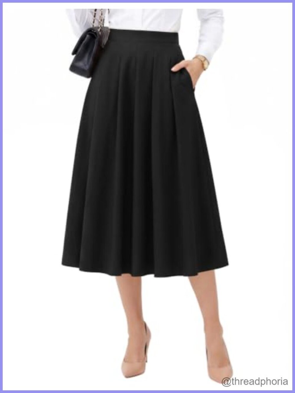Pleated Midi Skirt High Waist A-Line with Pockets Business Work